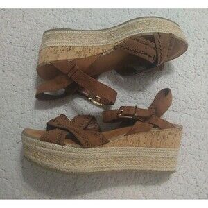 Fergie Leather Espadrille Cork Adjustable Sandals Size 8.5 Boho Beachy Neutral